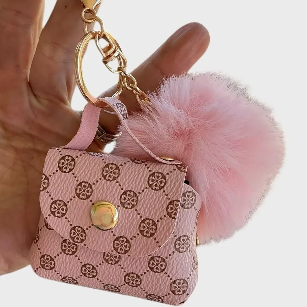 Pom Pom Decor Coin Purse Pink Key Ring Bag Charm Hand Bag Key Chain